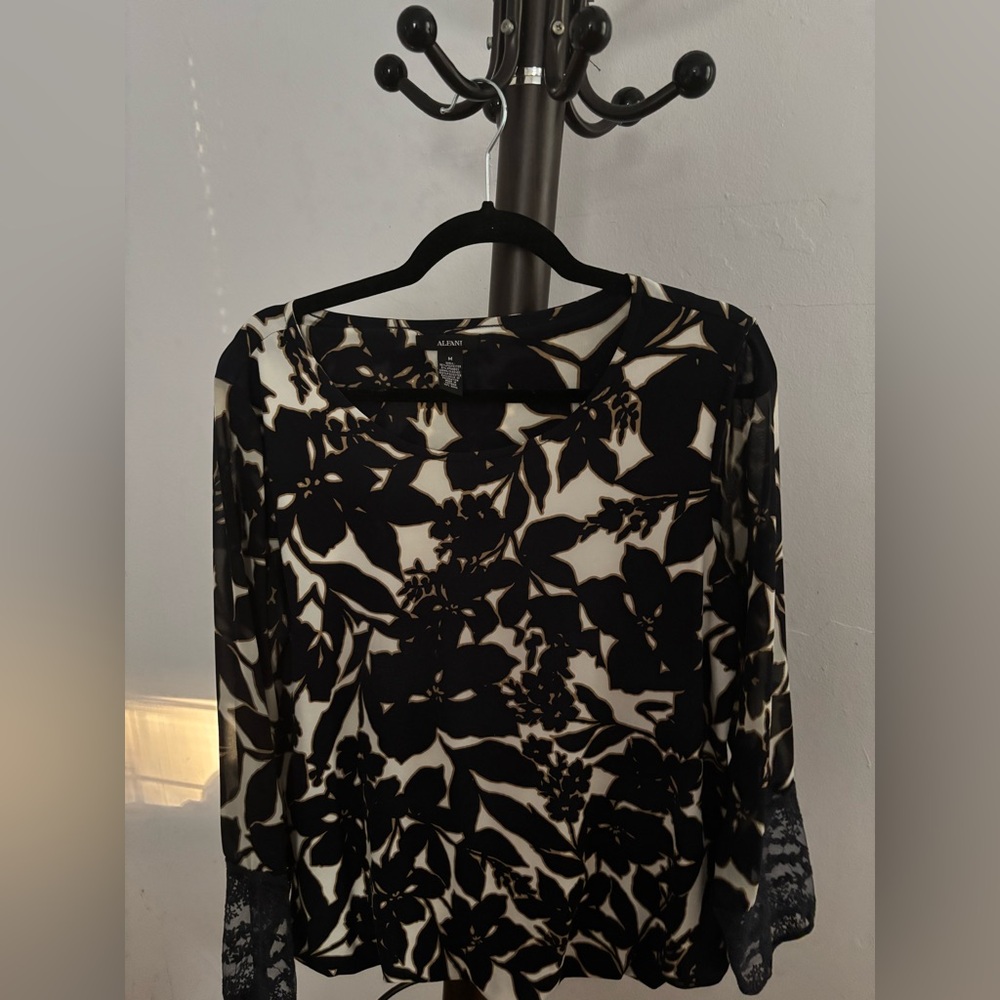 Alfani Black and Cream Floral Blouse